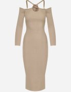 lovery Rochie midi bej mulată cu umeri goi și cu floare decorativă Vorella