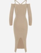 lovery Rochie midi bej mulată cu umeri goi și cu floare decorativă Vorella