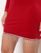 lovery Rochie mini din catifea roșie cu franjuri cu zirconii Finkara