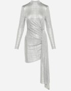 lovery Rochie Mulată Argintie Mini cu Croială Asimetrică și Luciu Metalic Buttera