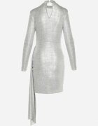 lovery Rochie Mulată Argintie Mini cu Croială Asimetrică și Luciu Metalic Buttera