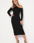 lovery Rochie Mulată Neagră Midi cu Umeri Decupați și Floare Decorativă Vorella