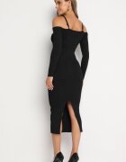 lovery Rochie Mulată Neagră Midi cu Umeri Decupați și Floare Decorativă Vorella