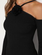 lovery Rochie Mulată Neagră Midi cu Umeri Decupați și Floare Decorativă Vorella