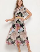 lovery Rochie Neagră cu Croială Evazată Legătură la Decolteu și Curea Sorilina