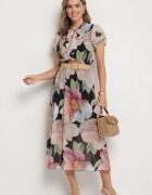 lovery Rochie Neagră cu Croială Evazată Legătură la Decolteu și Curea Sorilina