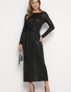 lovery Rochie Neagră Maxi cu Fir Metalic și Curea Legată Ivoria