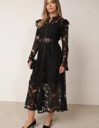 lovery Rochie Neagră Maxi din Dantelă cu Centură din Piele Ecologică și Jupon Fesumma