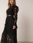 lovery Rochie Neagră Maxi din Dantelă cu Centură din Piele Ecologică și Jupon Fesumma
