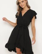 lovery Rochie Neagră tip plic cu tiv asimetric decorată cu volan și curea în talie Snidia