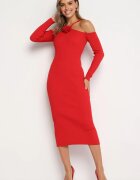 lovery Rochie Roșie Mulate Midi cu Umeri Descoperiți și cu Floare Decorativă Vorella