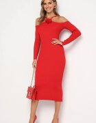 lovery Rochie Roșie Mulate Midi cu Umeri Descoperiți și cu Floare Decorativă Vorella