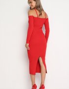 lovery Rochie Roșie Mulate Midi cu Umeri Descoperiți și cu Floare Decorativă Vorella