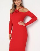 lovery Rochie Roșie Mulate Midi cu Umeri Descoperiți și cu Floare Decorativă Vorella