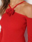 lovery Rochie Roșie Mulate Midi cu Umeri Descoperiți și cu Floare Decorativă Vorella