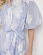 lovery Rochie tip cămașă transparentă albastru deschis cu bumbac broderii și curea Lirulira