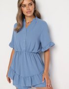 lovery Salopetă Albastră Cintrată cu Elastic în Talie și Volan Decorativ la Mâneci Nanselena