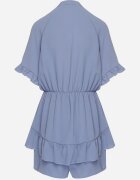 lovery Salopetă Albastră Cintrată cu Elastic în Talie și Volan Decorativ la Mâneci Nanselena