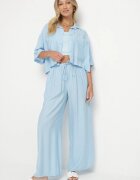 lovery Set Albastru Viscoză Oversize Cămașă cu Mânecă Scurtă și Pantaloni Dovilissea