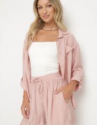 lovery Set Roz din Viscoză Cămașă cu Mânecă Lungă și Pantaloni scurți cu Elastic în Talie Efralice