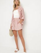 lovery Set Roz din Viscoză Cămașă cu Mânecă Lungă și Pantaloni scurți cu Elastic în Talie Efralice