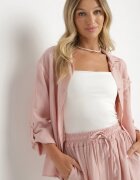 lovery Set Roz din Viscoză Cămașă cu Mânecă Lungă și Pantaloni scurți cu Elastic în Talie Efralice