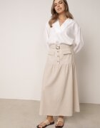 m&d fashion Fustă evazată din vâscoză și in cu dungi decorative Salape Bej deschis