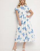m&d fashion Rochie Alb-Albastru Perforată din Bumbac cu Croială Tip Cămașă cu Centură Melpio