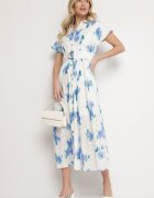 m&d fashion Rochie Alb-Albastru Perforată din Bumbac cu Croială Tip Cămașă cu Centură Melpio