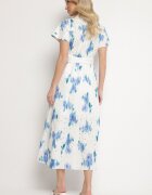 m&d fashion Rochie Alb-Albastru Perforată din Bumbac cu Croială Tip Cămașă cu Centură Melpio