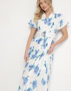 m&d fashion Rochie Alb-Albastru Perforată din Bumbac cu Croială Tip Cămașă cu Centură Melpio