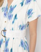 m&d fashion Rochie Alb-Albastru Perforată din Bumbac cu Croială Tip Cămașă cu Centură Melpio