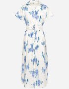 m&d fashion Rochie Alb-Albastru Perforată din Bumbac cu Croială Tip Cămașă cu Centură Melpio