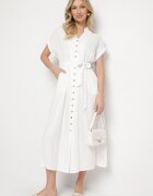 m&d fashion Rochie Albă din Bumbac cu Croială Tip Cămașă cu Cordon Legat Elanitiela