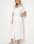 m&d fashion Rochie Albă din Bumbac cu Croială Tip Cămașă cu Cordon Legat Elanitiela