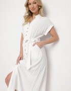 m&d fashion Rochie Albă din Bumbac cu Croială Tip Cămașă cu Cordon Legat Elanitiela
