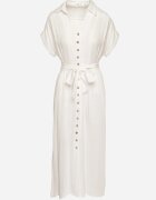 m&d fashion Rochie Albă din Bumbac cu Croială Tip Cămașă cu Cordon Legat Elanitiela