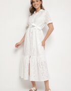 m&d fashion Rochie Albă din bumbac tip cămașă ajurată cu curea Fevaila