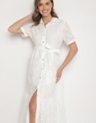 m&d fashion Rochie Albă din bumbac tip cămașă ajurată cu curea Fevaila