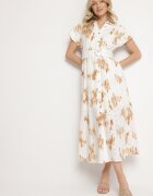 m&d fashion Rochie Albă-Portocalie Ajourată din bumbac cu croială tip cămașă cu centură Melpio