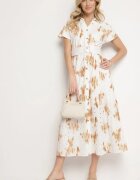 m&d fashion Rochie Albă-Portocalie Ajourată din bumbac cu croială tip cămașă cu centură Melpio
