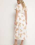 m&d fashion Rochie Albă-Portocalie Ajourată din bumbac cu croială tip cămașă cu centură Melpio