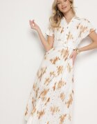 m&d fashion Rochie Albă-Portocalie Ajourată din bumbac cu croială tip cămașă cu centură Melpio