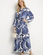 m&d fashion Rochie Albastră din Viscoză cu Croi Cloș cu Motiv Floral Korisaria