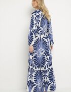m&d fashion Rochie Albastră din Viscoză cu Croi Cloș cu Motiv Floral Korisaria