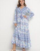 m&d fashion Rochie Albastră în stil Boho cu decolteu petrecut din bumbac și viscoză Soderia