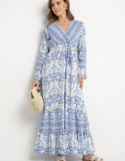 m&d fashion Rochie Albastră în stil Boho cu decolteu petrecut din bumbac și viscoză Soderia