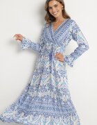 m&d fashion Rochie Albastră în stil Boho cu decolteu petrecut din bumbac și viscoză Soderia