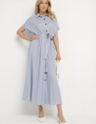 m&d fashion Rochie Albastră tip cămașă cu in viscoză și curea Lenaviel