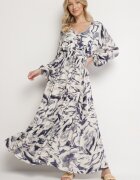 m&d fashion Rochie Albastră Vâscoză cu Imprimeu Abstract cu Elastic în Talie și Decolteu în V Arpio